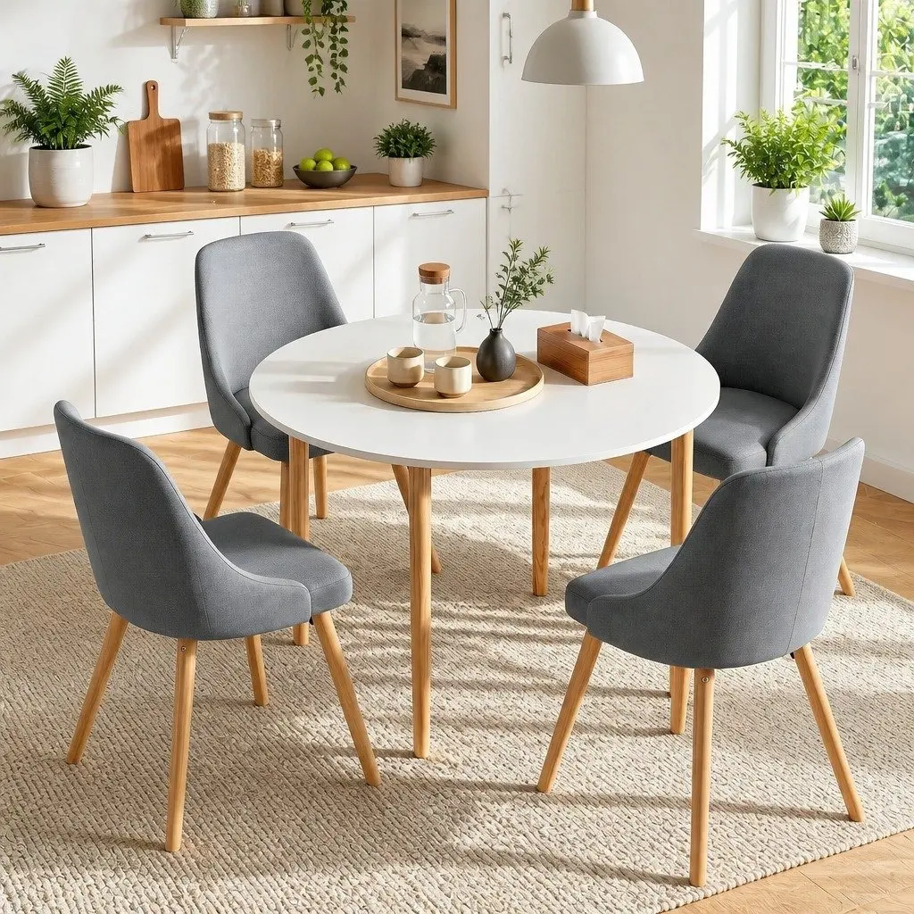 Round Dining Table and Chairs Set 5 Piece Compact Kitchen Furniture White Grey Wood