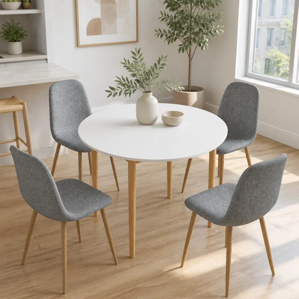 Round Dining Table and Chair Set for 4 in White and Grey