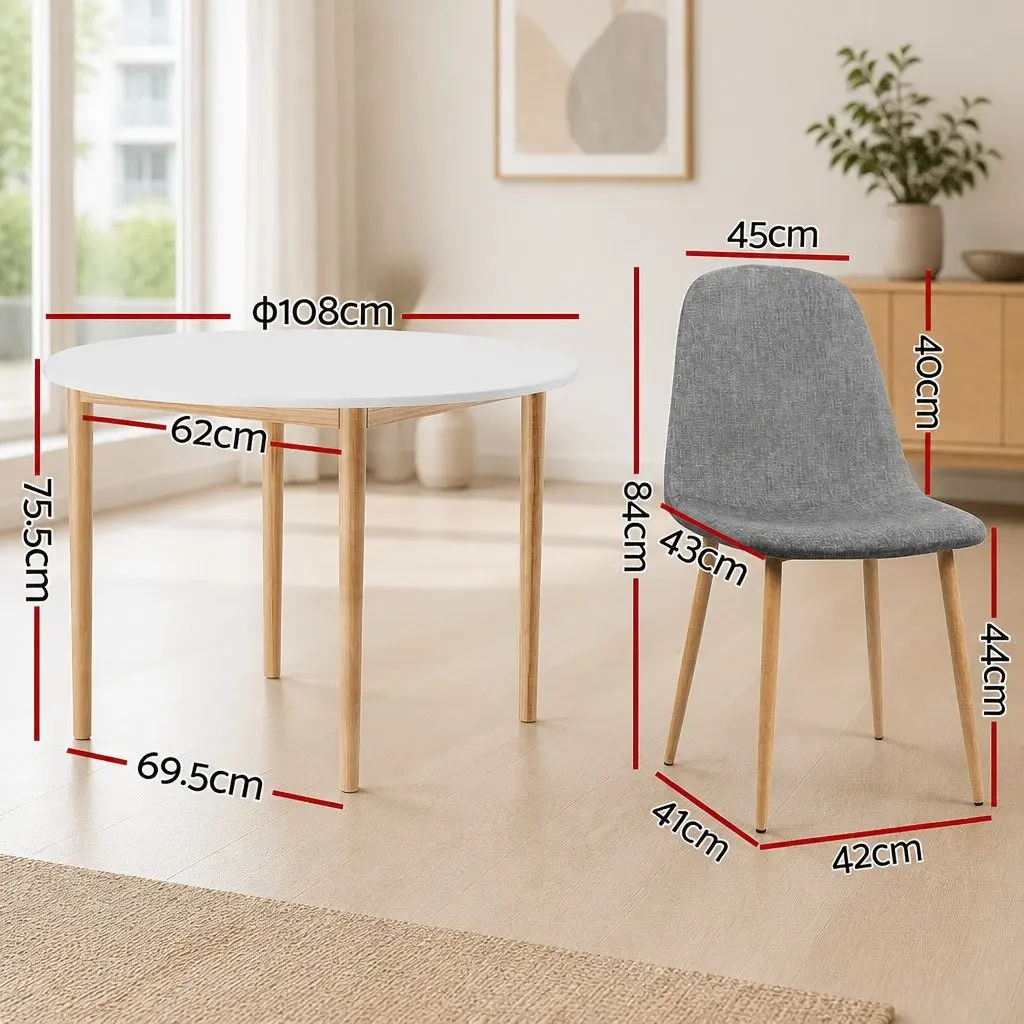 Round Dining Table and 4 Chairs Set White Grey MDF Pine Wood Contemporary Nordic Style