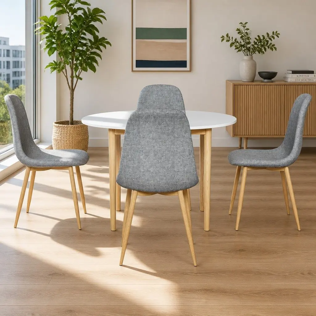 Round Dining Table and 4 Chairs Set White Grey MDF Pine Wood Contemporary Nordic Style