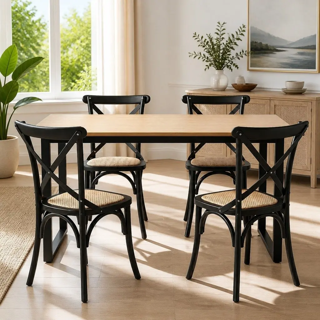 Dining Table and Chairs Set Industrial 5 Piece 4 Seater Rattan Kitchen Dining Room