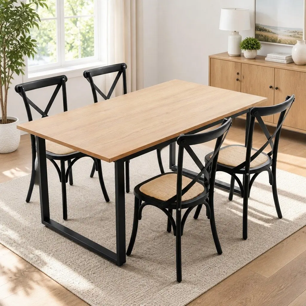 Dining Table and Chairs Set Industrial 5 Piece 4 Seater Rattan Kitchen Dining Room
