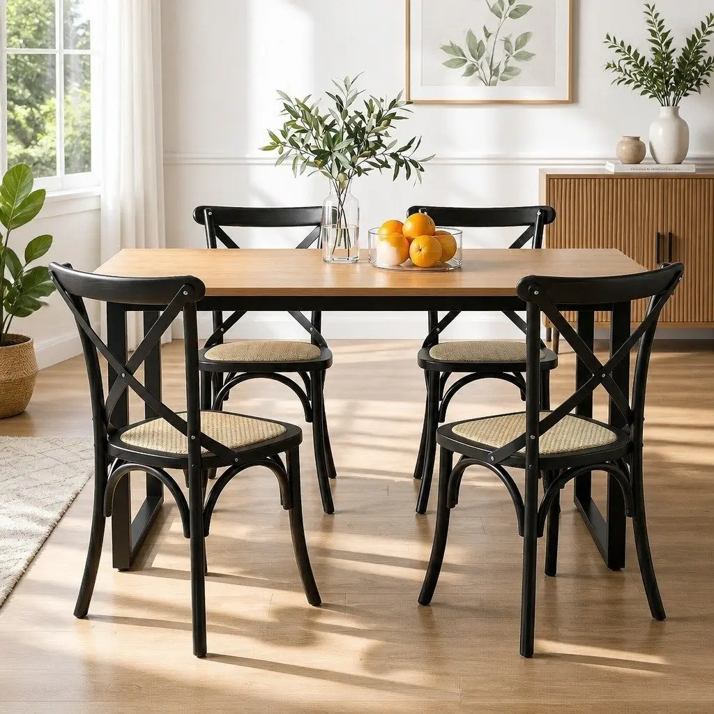 Dining Table and Chairs Set Industrial 5 Piece 4 Seater Rattan Kitchen Dining Room
