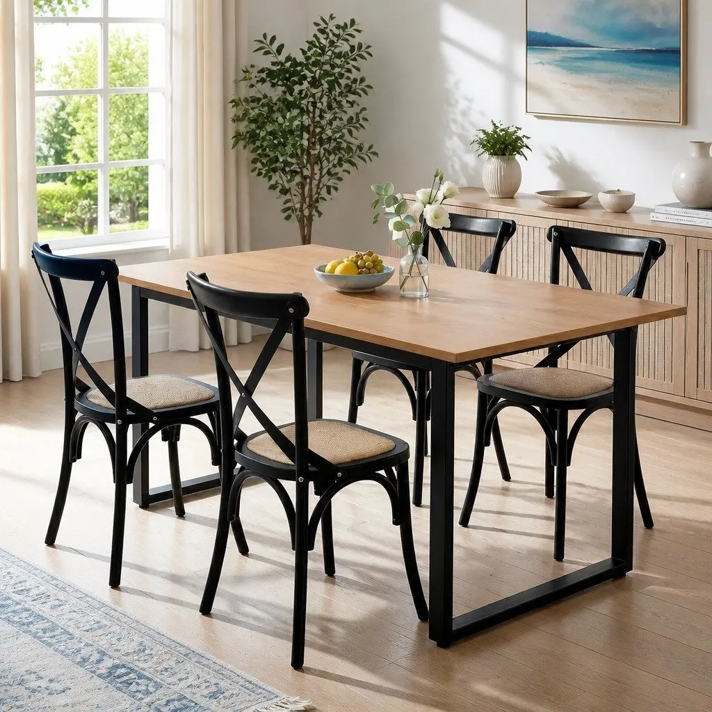 Dining Table and Chairs Set Industrial 5 Piece 4 Seater Rattan Kitchen Dining Room