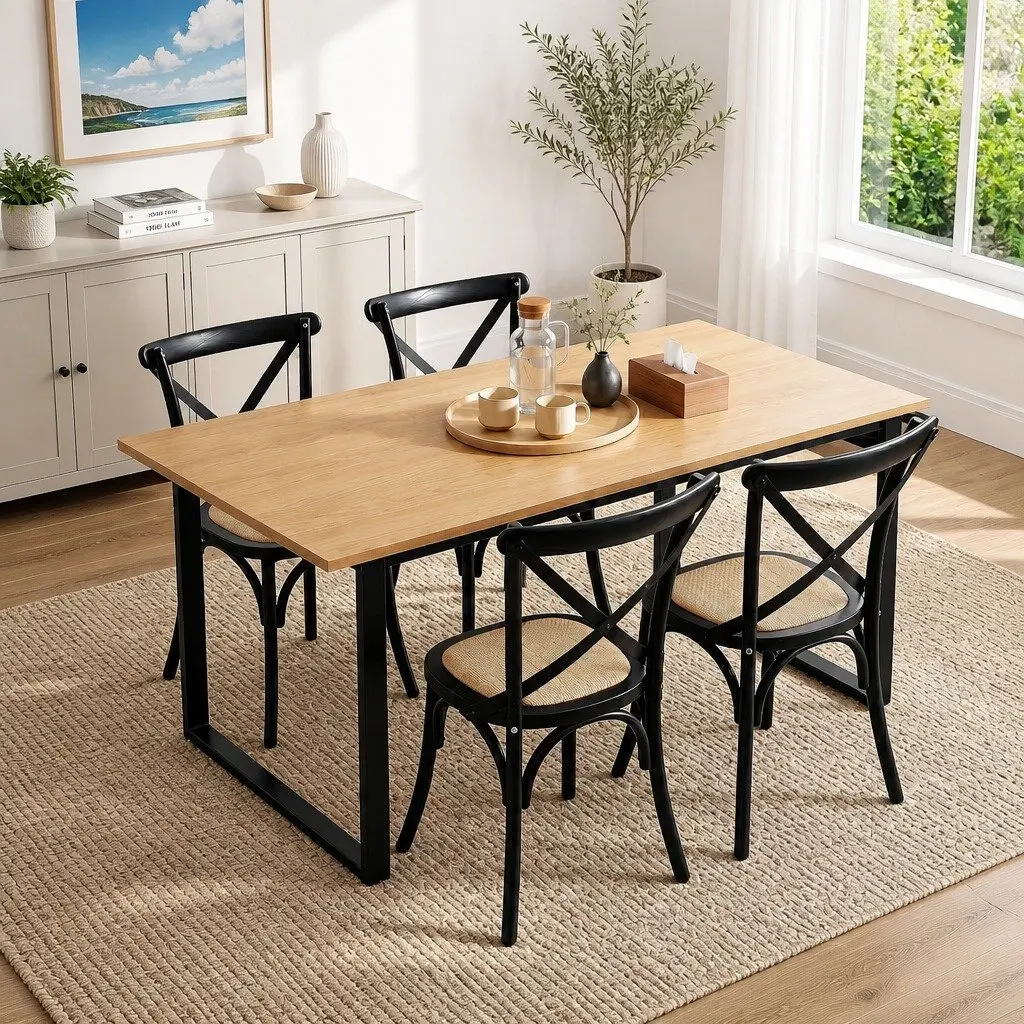 Dining Table and Chairs Set Industrial 5 Piece 4 Seater Rattan Kitchen Dining Room