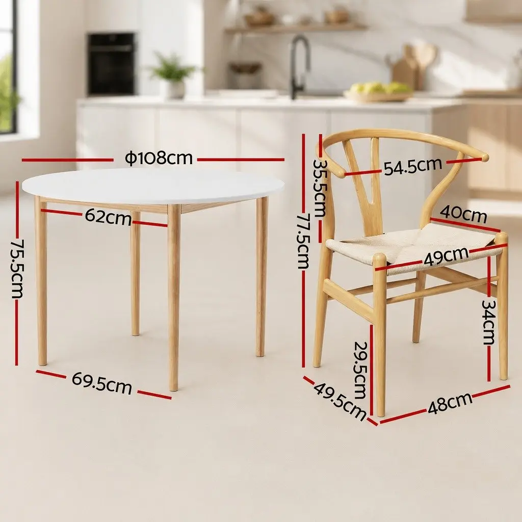 Dining Set Round Tabletop 108cm MDF Pine Wood 4 Chairs Rubber Wood Paper Rope Seat