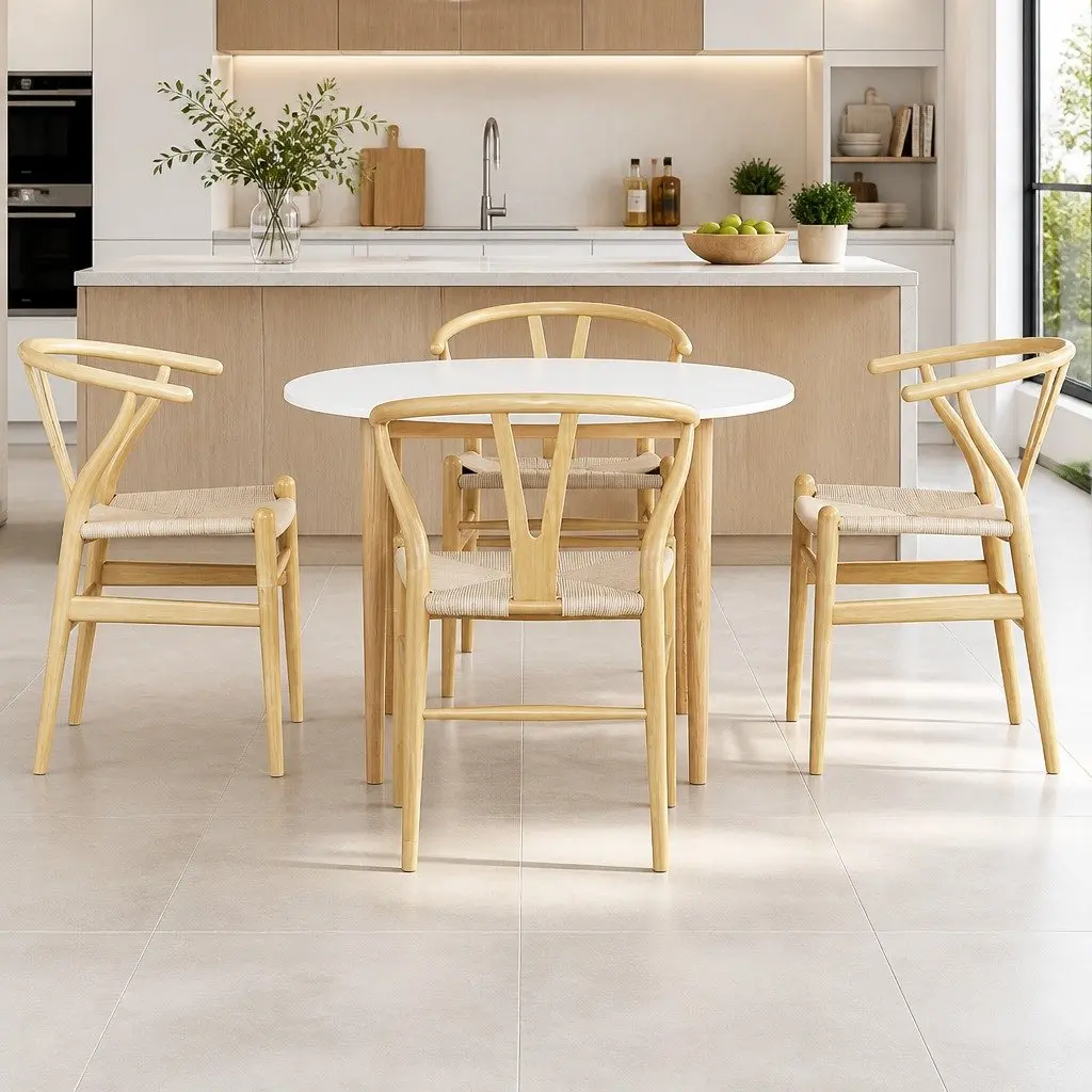 Dining Set Round Tabletop 108cm MDF Pine Wood 4 Chairs Rubber Wood Paper Rope Seat