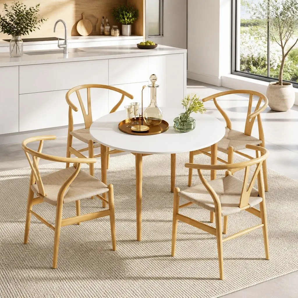 Dining Set Round Tabletop 108cm MDF Pine Wood 4 Chairs Rubber Wood Paper Rope Seat