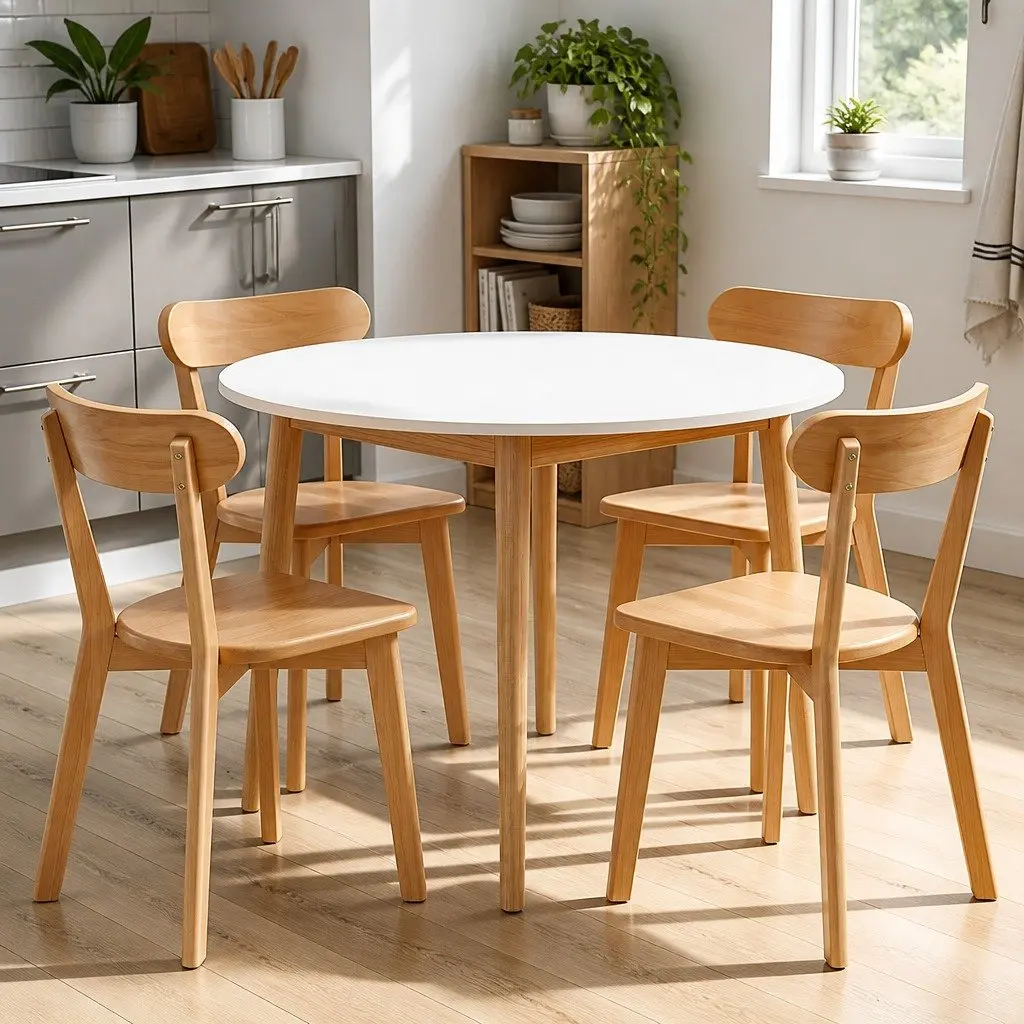 Round Dining Set White 108cm Table and 4 Chairs Compact Kitchen Furniture