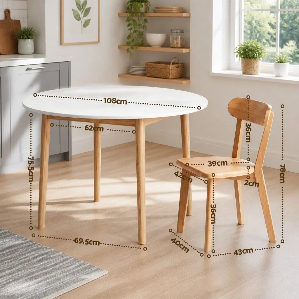 Round Dining Set White 108cm Table and 4 Chairs Compact Kitchen Furniture