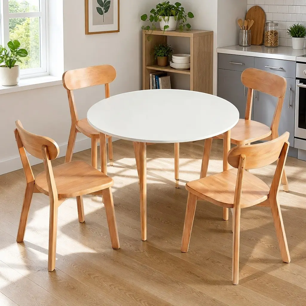 Round Dining Set White 108cm Table and 4 Chairs Compact Kitchen Furniture