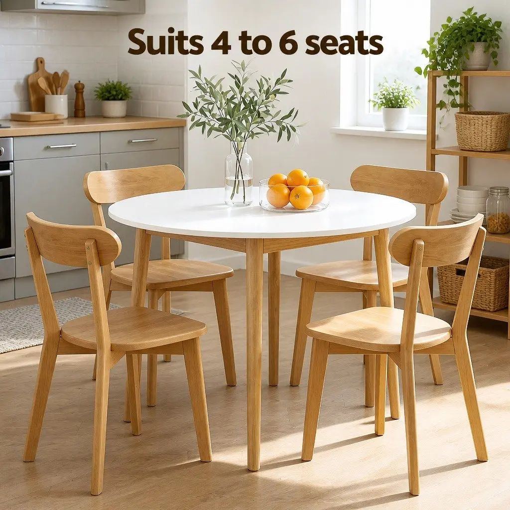 Round Dining Set White 108cm Table and 4 Chairs Compact Kitchen Furniture