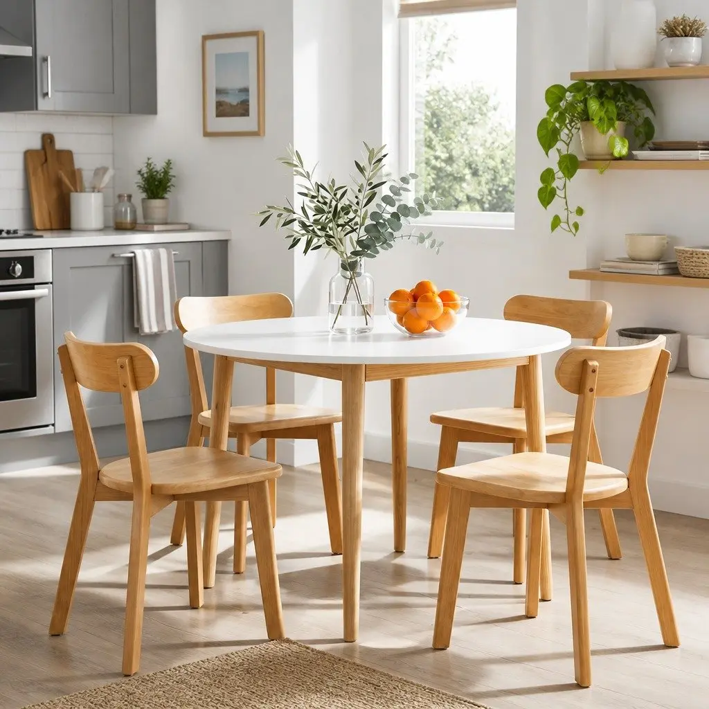 Round Dining Set White 108cm Table and 4 Chairs Compact Kitchen Furniture