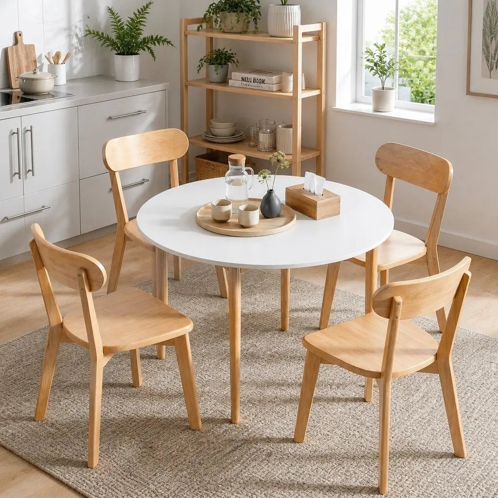 Round Dining Set White 108cm Table and 4 Chairs Compact Kitchen Furniture