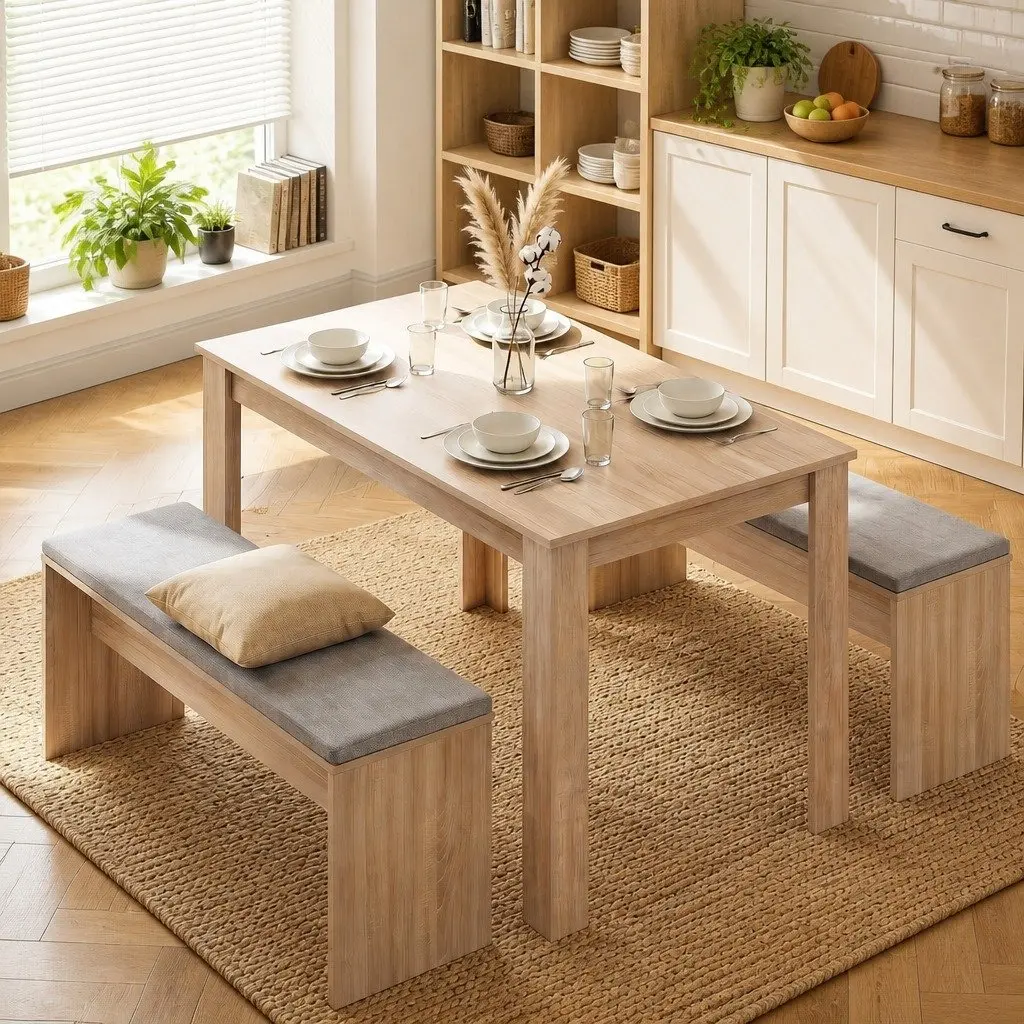 3 Piece Dining Set Modern 120cm Table with Upholstered Chairs Oak