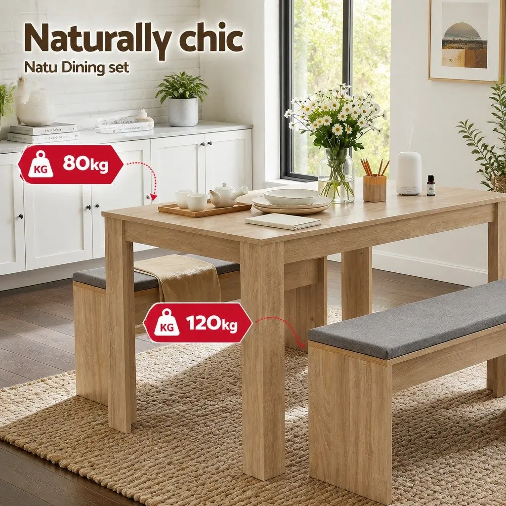 3 Piece Dining Set Modern 120cm Table with Upholstered Chairs Oak