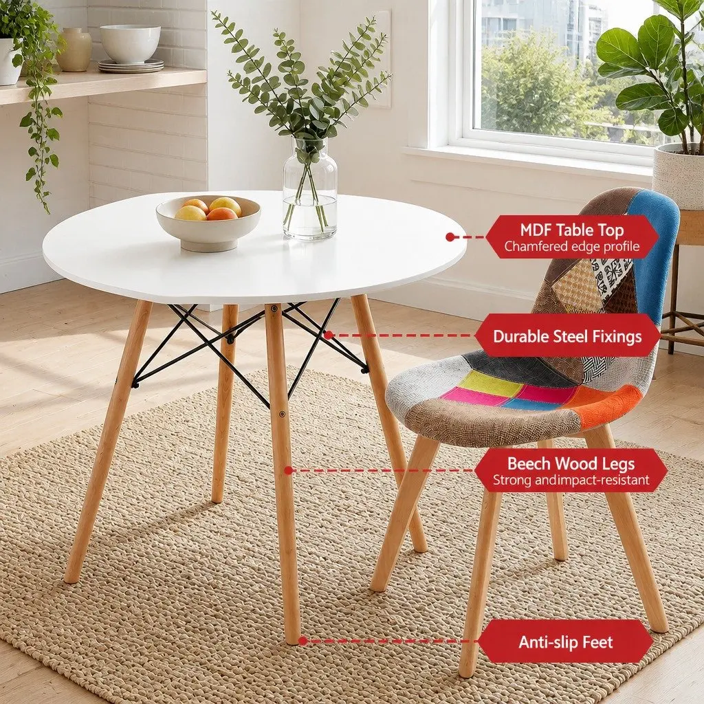 Dining Set Round 90cm 3 Piece MDF Table and Beech Wood Chairs