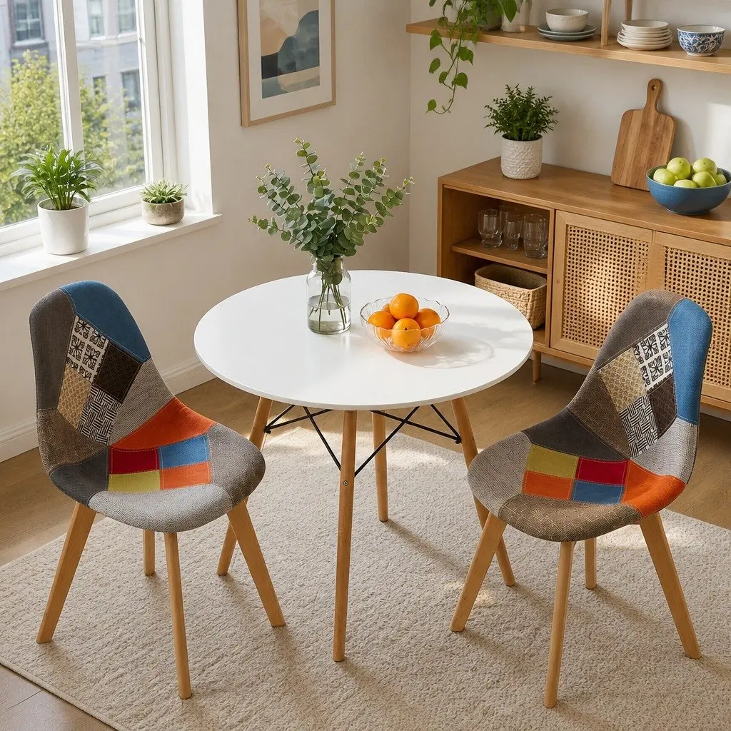 Dining Set Round 90cm 3 Piece MDF Table and Beech Wood Chairs