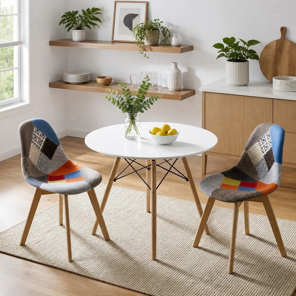 Dining Set Round 90cm 3 Piece MDF Table and Beech Wood Chairs