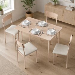 5-Piece Dining Set with Natural Wood and Beige Chairs