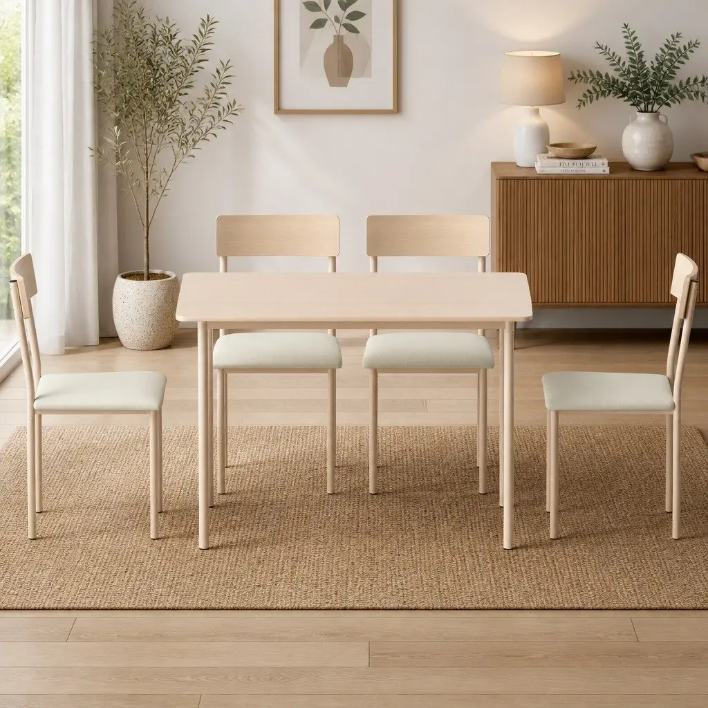 Kitchen Table and Chairs Set Natural Beige Wood 5 Piece Dining Furniture
