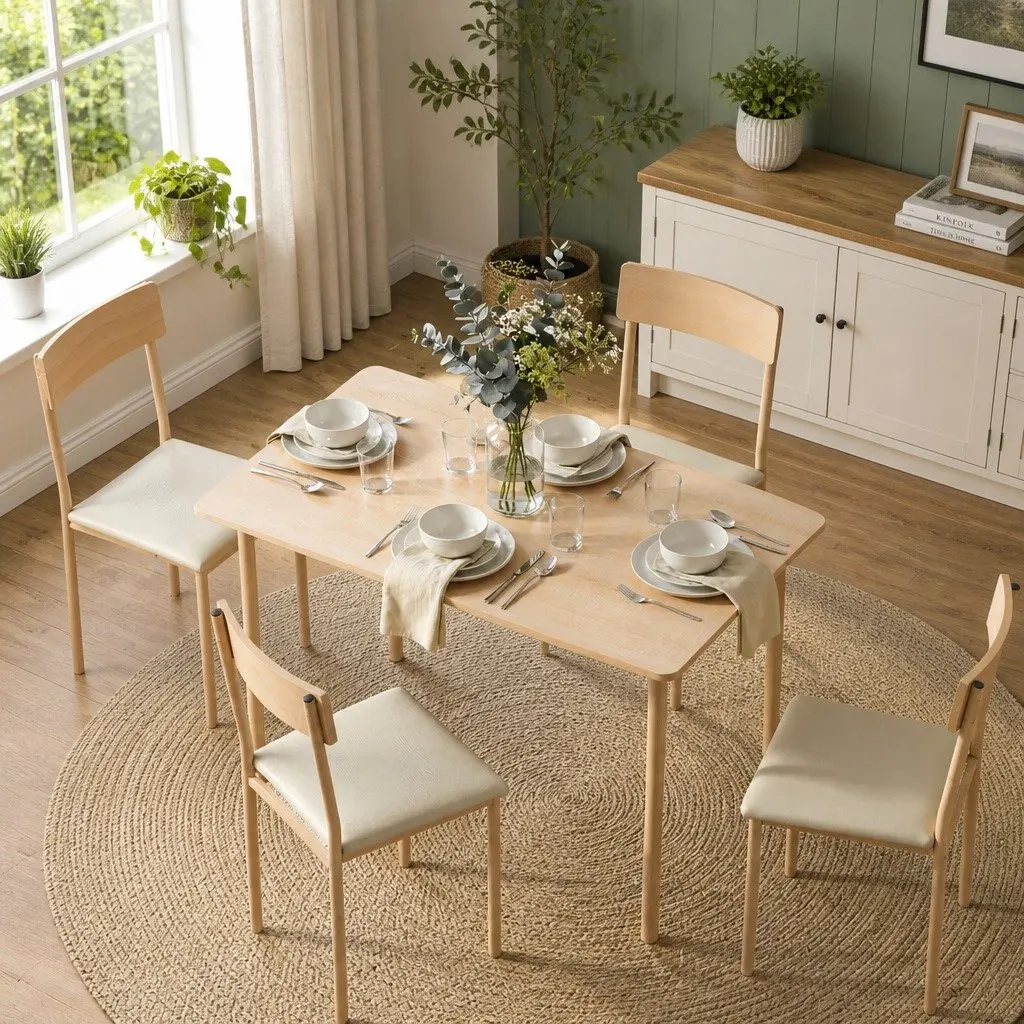 Kitchen Table and Chairs Set Natural Beige Wood 5 Piece Dining Furniture