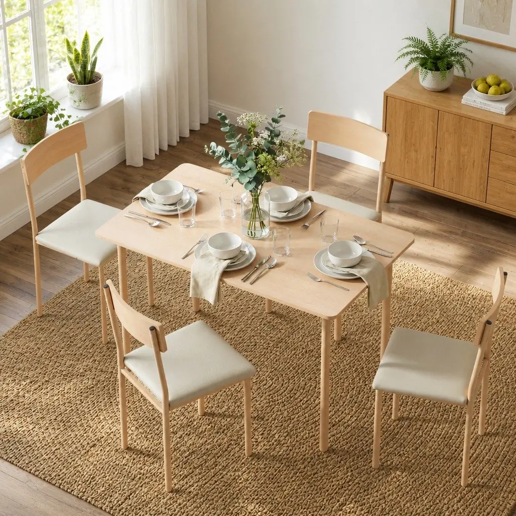 Kitchen Table and Chairs Set Natural Beige Wood 5 Piece Dining Furniture