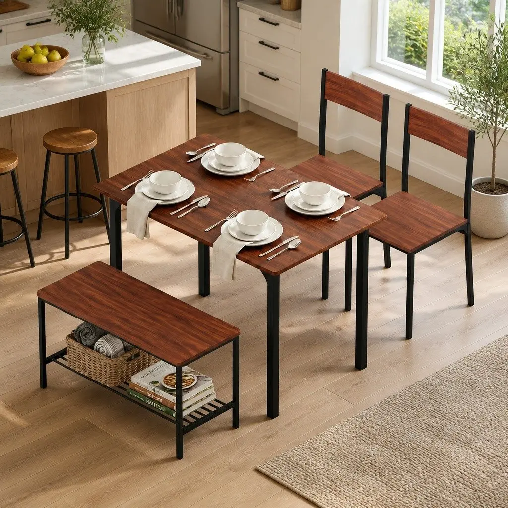 Walnut Dining Table and Chairs Set with Storage Bench