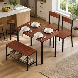 Walnut Dining Table and Chairs Set with Storage Bench