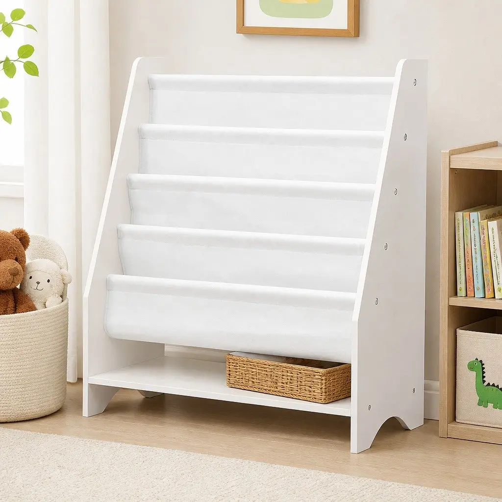 Kids Bookshelf 4-Tier White MDF Non-Woven Fabric Storage Organiser Display Furniture