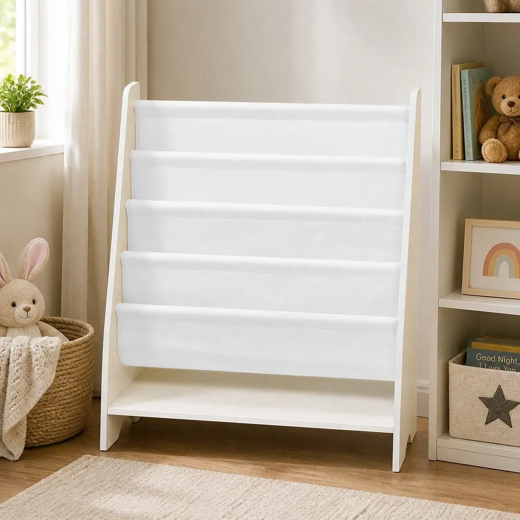 Kids Bookshelf 4-Tier White MDF Non-Woven Fabric Storage Organiser Display Furniture