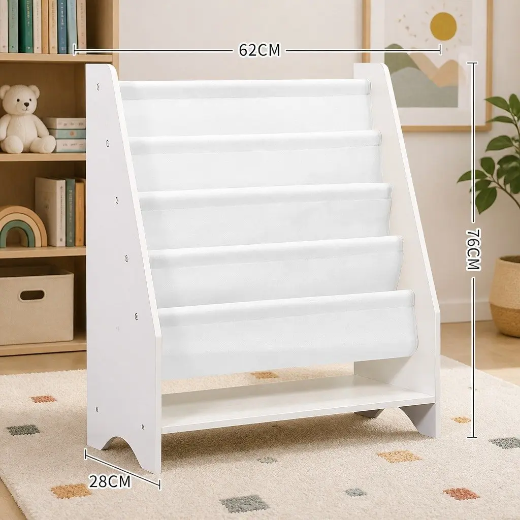 Kids Bookshelf 4-Tier White MDF Non-Woven Fabric Storage Organiser Display Furniture