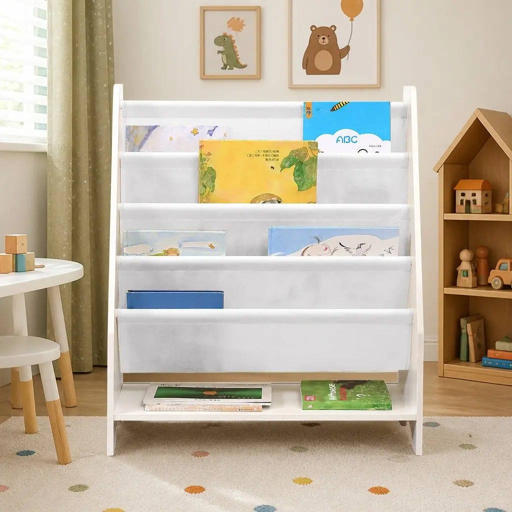 Kids Bookshelf 4-Tier White MDF Non-Woven Fabric Storage Organiser Display Furniture