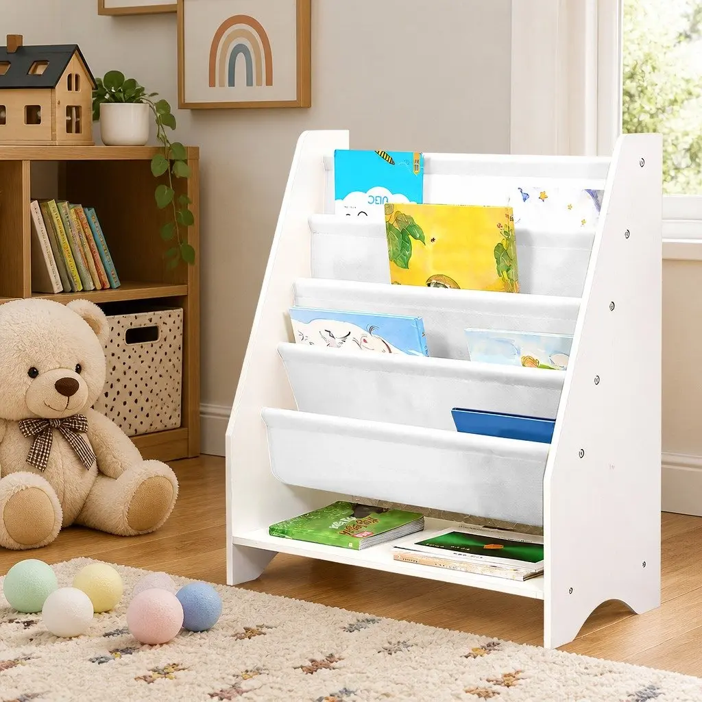 Kids Bookshelf 4-Tier White MDF Non-Woven Fabric Storage Organiser Display Furniture