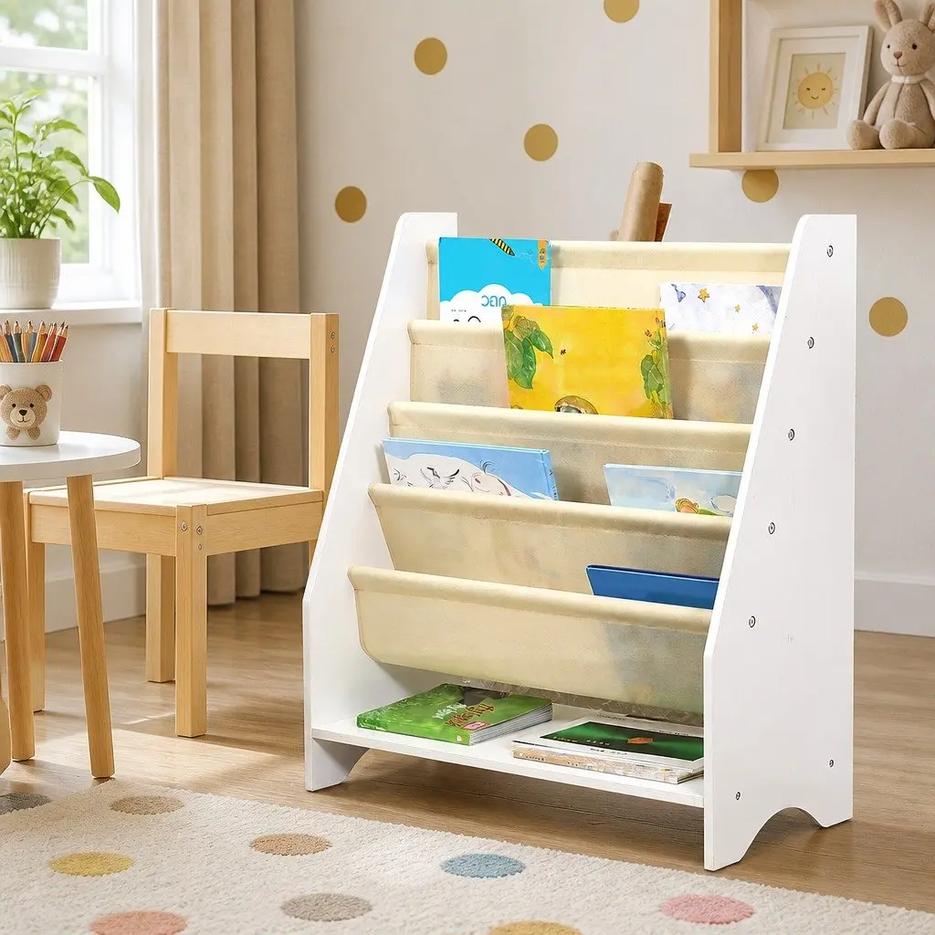 Kids Bookshelf 4-Tier White MDF Non-Woven Fabric Storage Organiser Display Furniture