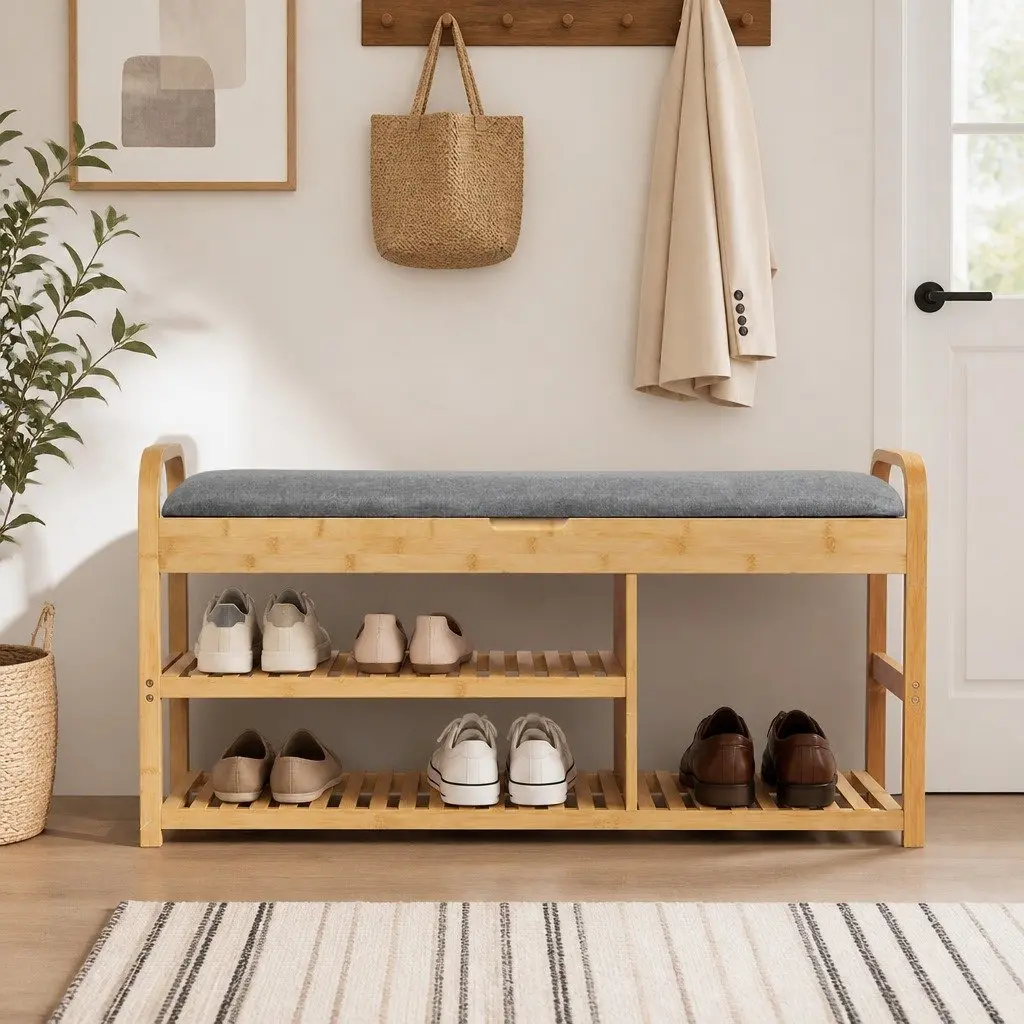 Bamboo Shoe Rack Bench Storage Box 100cm Multifunctional with Hidden Compartment and Padded Seat