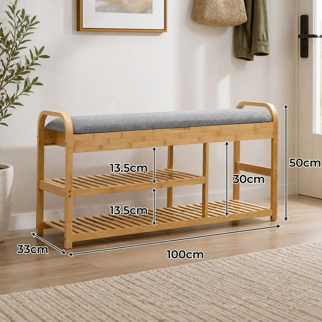 Bamboo Shoe Rack Bench Storage Box 100cm Multifunctional with Hidden Compartment and Padded Seat