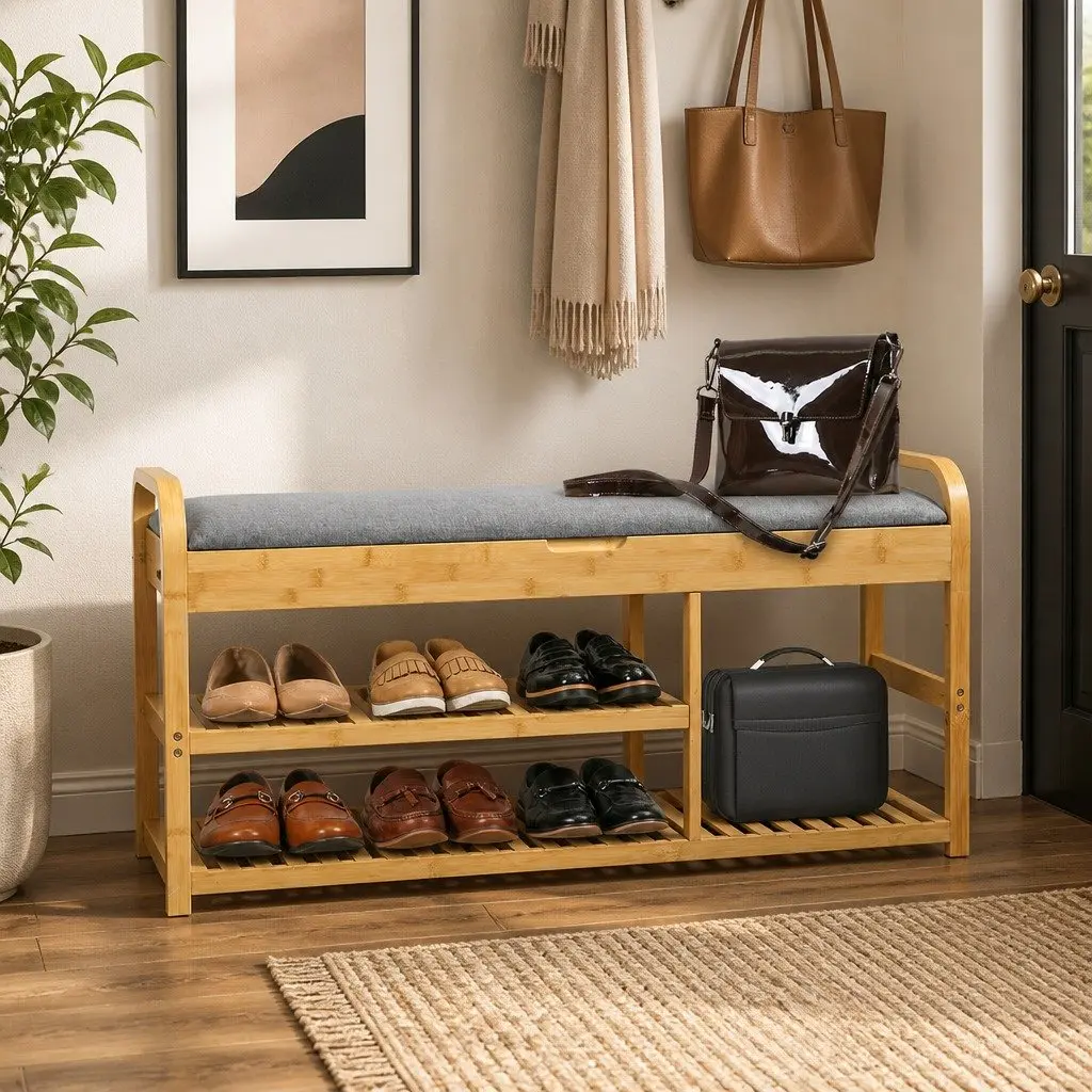Bamboo Shoe Rack Bench Storage Box 100cm Multifunctional with Hidden Compartment and Padded Seat