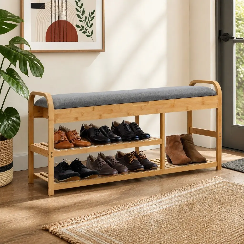 Bamboo Shoe Rack Bench Storage Box 100cm Multifunctional with Hidden Compartment and Padded Seat