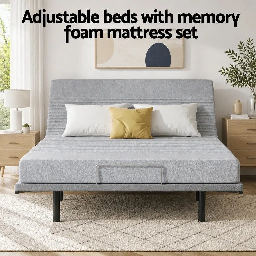 Double Electric Adjustable Bed Frame with Memory Foam Mattress 15cm Thick Bamboo Fabric Cover