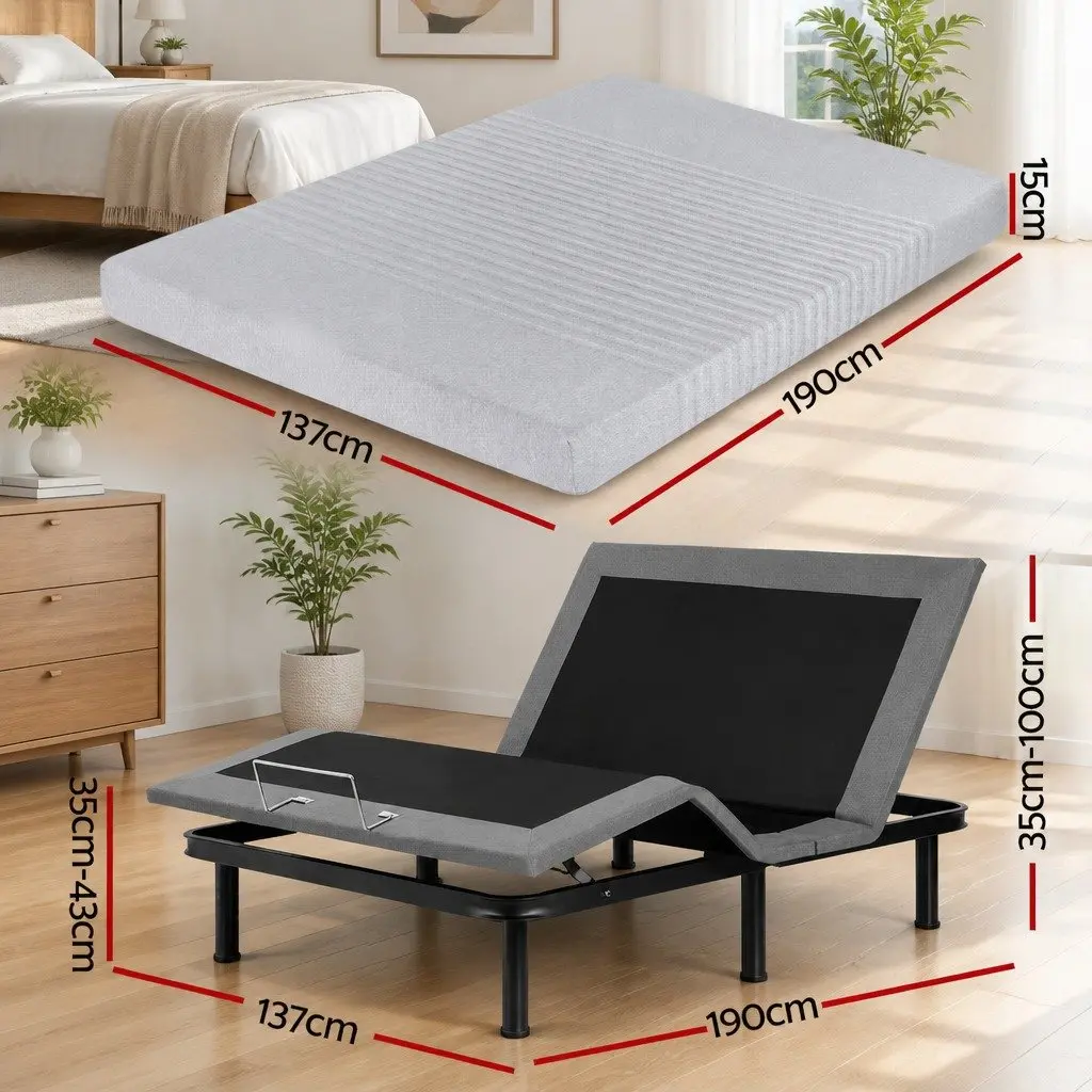 Double Electric Adjustable Bed Frame with Memory Foam Mattress 15cm Thick Bamboo Fabric Cover