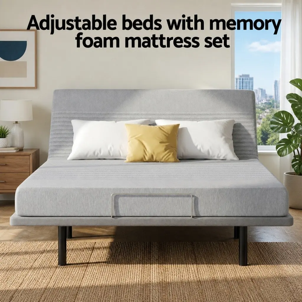 King Adjustable Electric Bed Frame with Memory Foam Mattress 15cm Thick Bamboo Fabric Cover Multi-layer Foam Construction