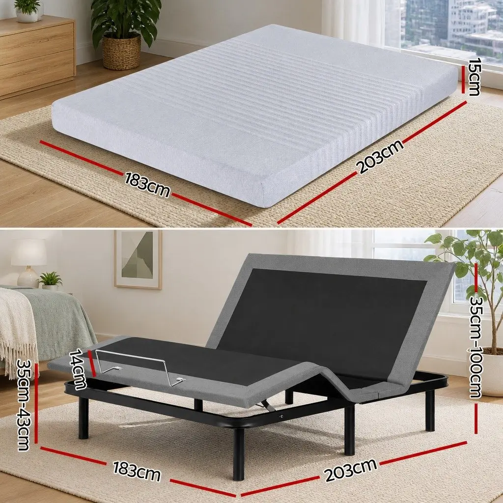King Adjustable Electric Bed Frame with Memory Foam Mattress 15cm Thick Bamboo Fabric Cover Multi-layer Foam Construction