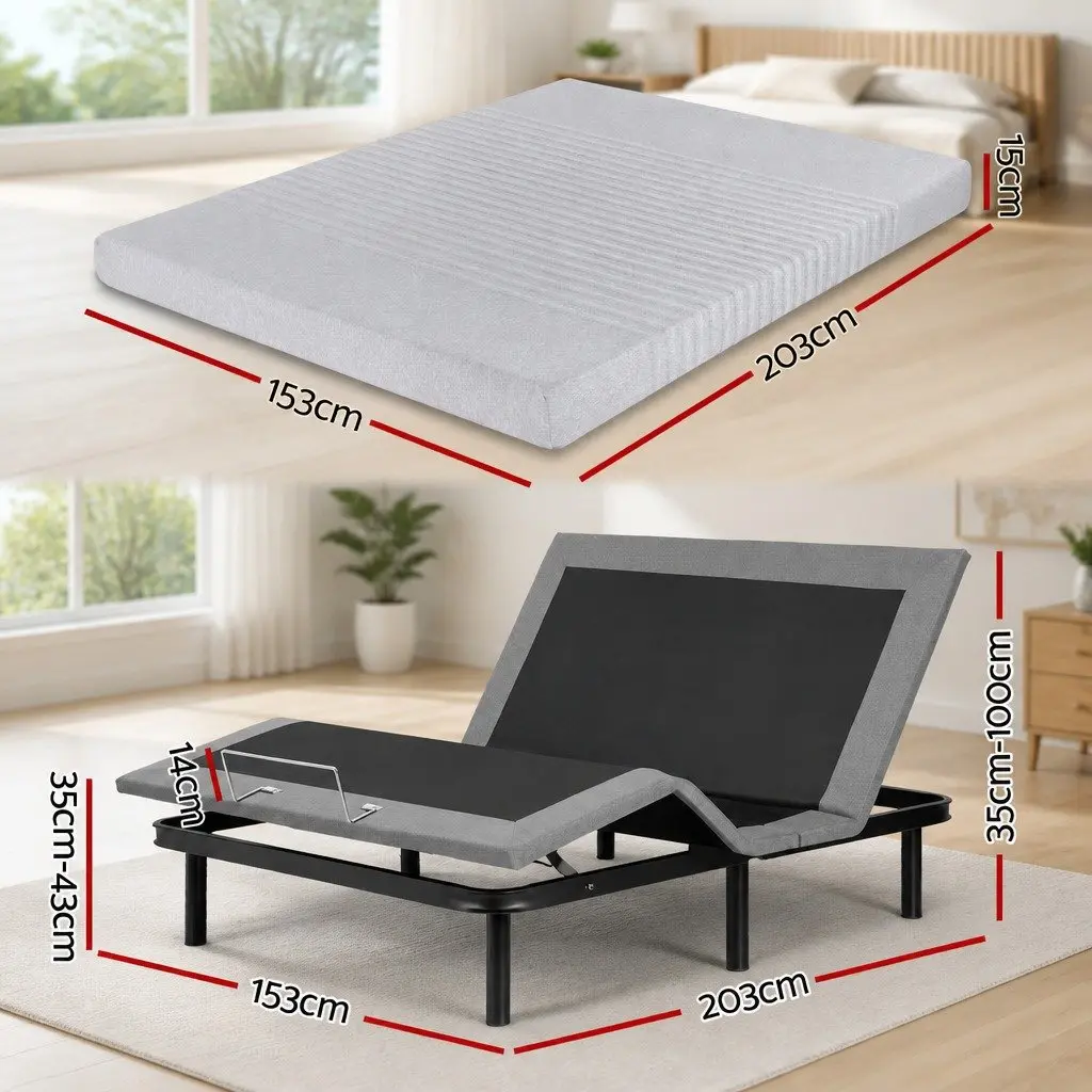 Queen Electric Adjustable Bed Frame with Memory Foam Mattress 15cm Thick Bamboo Fabric Cover