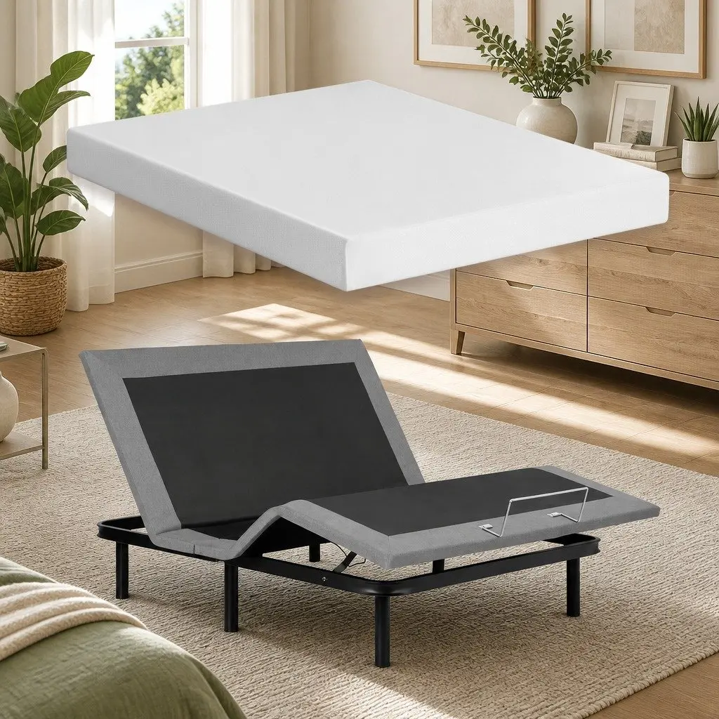 Double Adjustable Bed Frame with Memory Foam Mattress Combo Electric Black Frame White Cover
