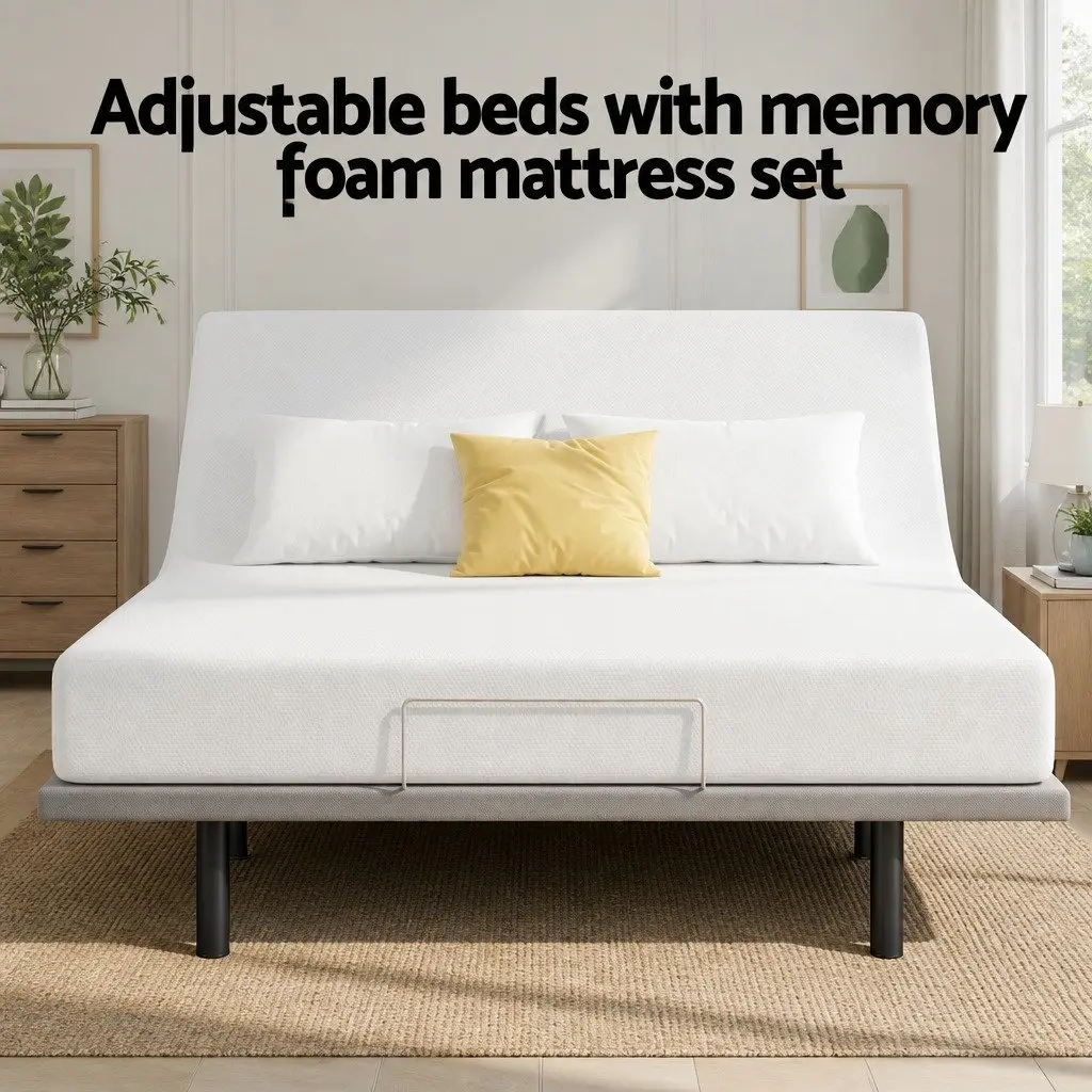 Double Adjustable Bed Frame with Memory Foam Mattress Combo Electric Black Frame White Cover