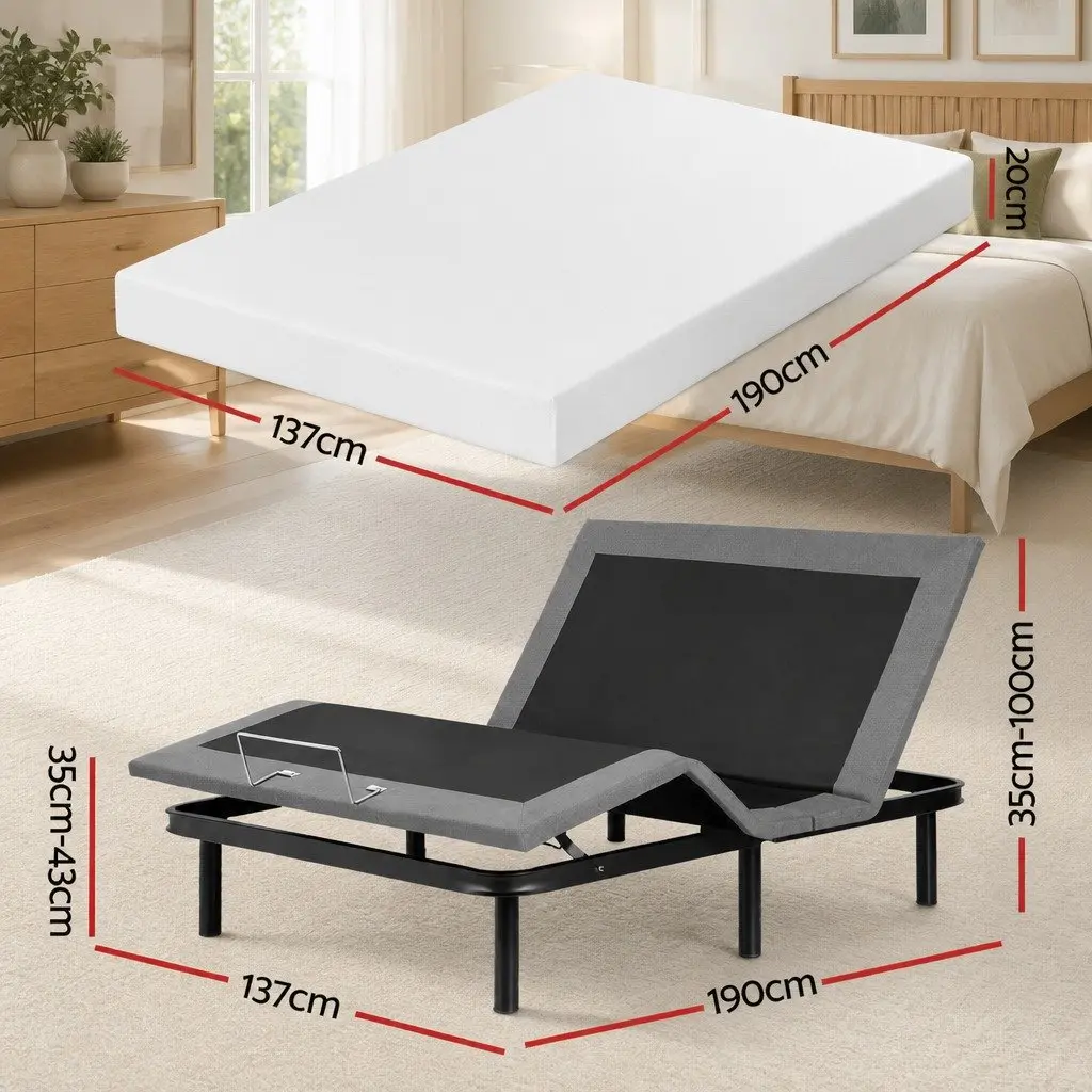 Double Adjustable Bed Frame with Memory Foam Mattress Combo Electric Black Frame White Cover
