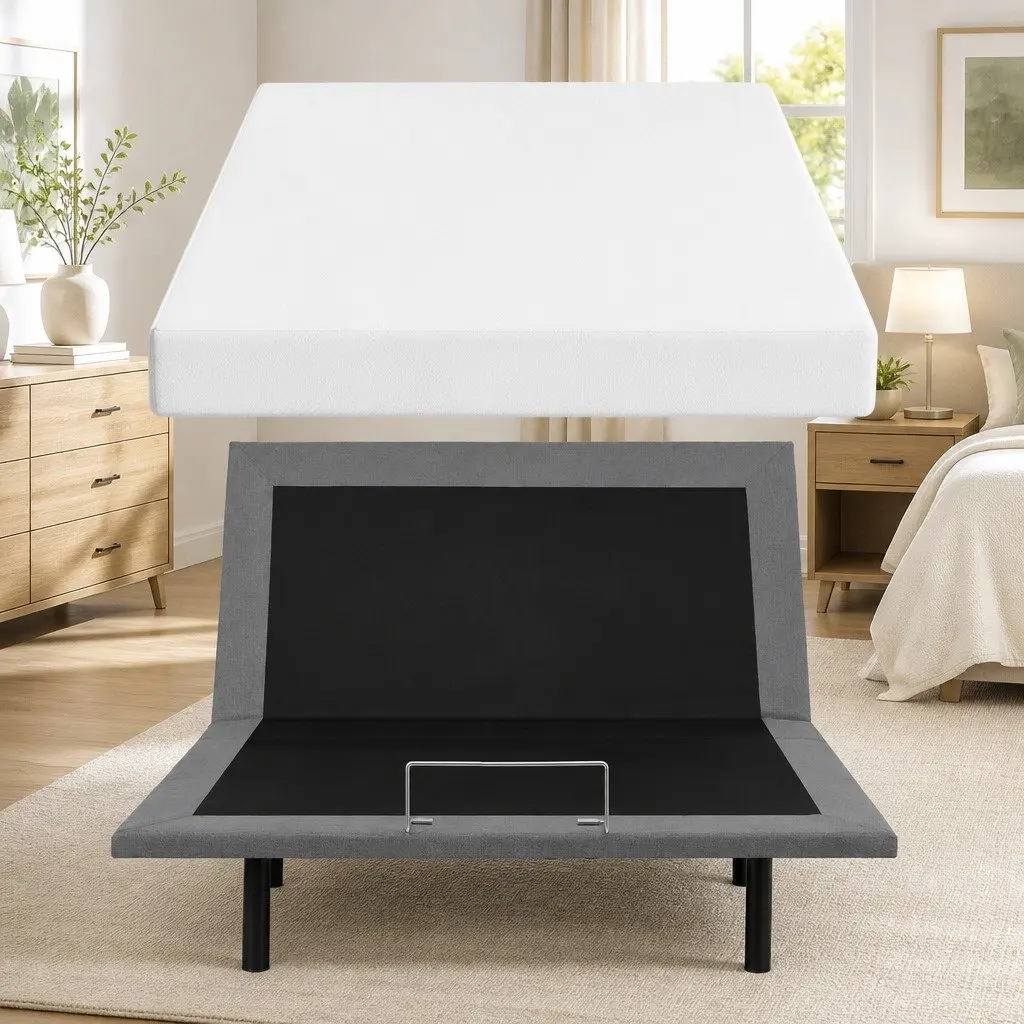 Double Adjustable Bed Frame with Memory Foam Mattress Combo Electric Black Frame White Cover