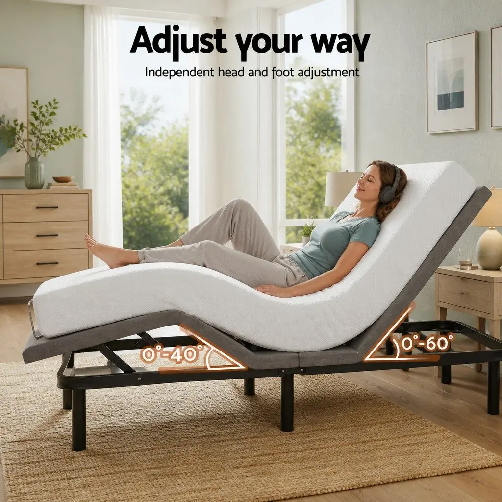 Double Adjustable Bed Frame with Memory Foam Mattress Combo Electric Black Frame White Cover