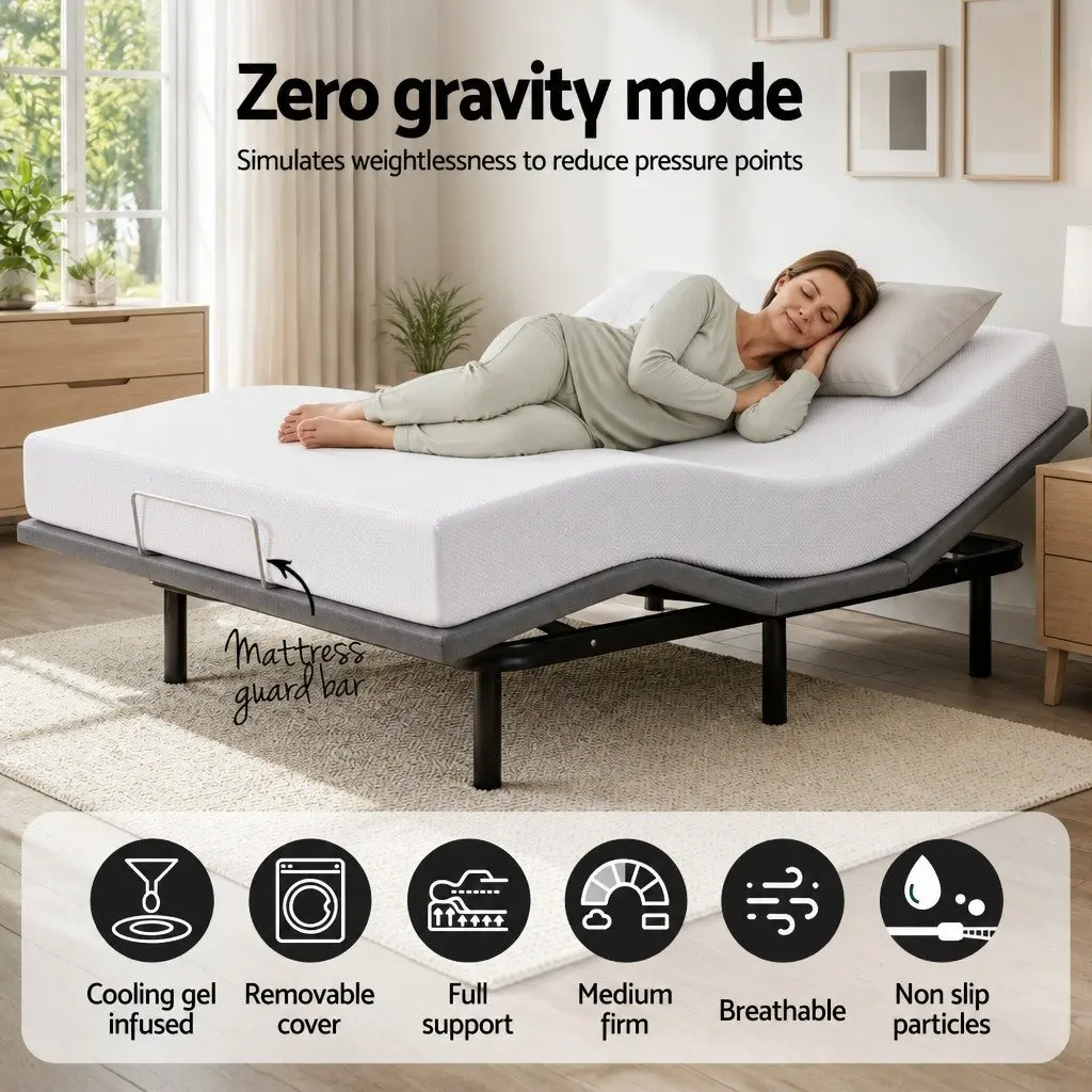 Double Adjustable Bed Frame with Memory Foam Mattress Combo Electric Black Frame White Cover